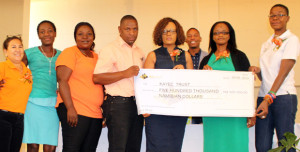 B2Gold Namibia presents sponsorship cheque to KAYEC, 26 September 2015. From left to right: Liza Nagar-Escultura, KAYEC Youth Development Programme Manager; Paulina Hangula, former KAYEC participant; Isabel Somp-Yav of Society for Family Health; Merwin Musambani, KAYEC Finance Manager; Sonia Iyambo, Personal Assistant to Otjozondjupa Governor, Hon. Otto Ipinge; (in back) KAYEC Cluster Co-ordinator Anton Kamerika; Mayor of Otjiwarongo, Hon. Hilde Jesaya; Theo Machoko, B2Gold Employee Wellness & Relations Officer. Photo: Ricardo Smith.