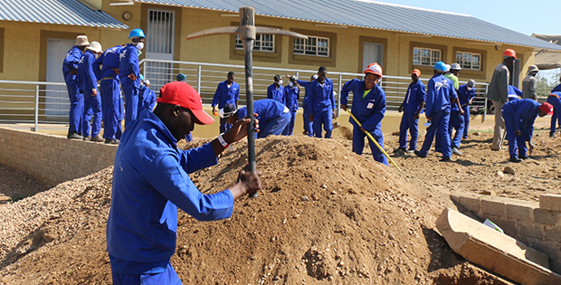 KAYEC trainees preparing the ground for new construction at Faith Primary School in Katutura, 4 February.