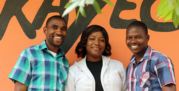 The Mandela Washington Fellows volunteering at KAYEC, after returning home from their exchange in the U.S.: Chancy Gondwe (Malawi), Jacqueline Daka (Zambia), Manuel Francisco (Mozambique).