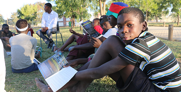 Zaimy Nakale, a 16-year-old participant at KAYEC’s FNB-sponsored centre in Rundu, joins an after-school life skills session about online safety, 5 August 2016. He credits KAYEC for helping him pass his Grade 10 exams: “KAYEC contributed to my studies, pressuring me to study more, and stick to my passion … When I got my result, I was very happy, running around, jumping up and down, screaming all over the community.” What’s the most important he can share with others, as a youth leader? “Always talk to them about education, because without education they will mess up their life and they won’t get even a proper job. Encourage them even more to come at KAYEC, instead of going in the streets, smoking or doing bad things.”